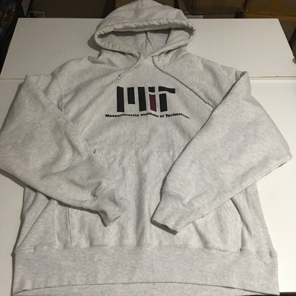 Champion Vintage Gray MIT Logo Hooded Sweatshirt with Red Accent Reverse Weave